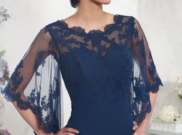 Azul marino Vestidos para madre de la novia Gasa Una línea Hasta el suelo Vestido de noche largo Vestidos de fiesta Estilo elegante Tul con apliques 284S