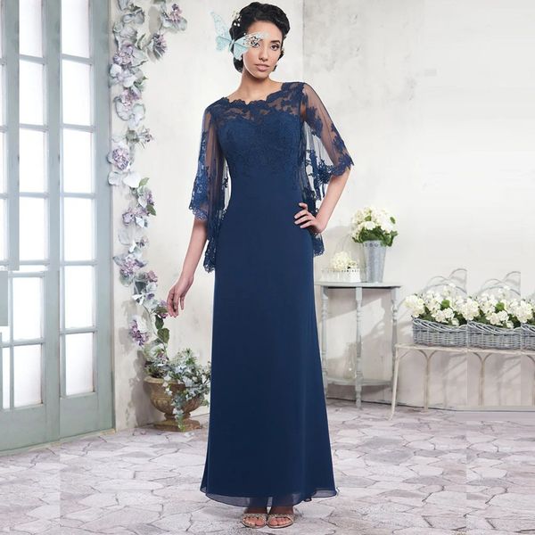 Azul marino Vestidos para madre de la novia Gasa Una línea Hasta el suelo Vestido de noche largo Vestidos de fiesta Estilo elegante Tul con apliques Cabo YD