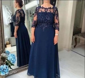 Navy Blue Mother Of The Bride Dresses crew A line 3/4 Long Sleeves Chiffon Appliques Plus Sizes Floor Length Groom Evening Gown For Wedding