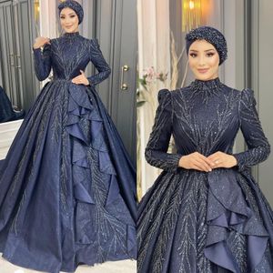 Marineblauwe moslimavondjurken elegante hoge nek lange mouwen baljurk Turkse kaftan jurk kristal kralen speciale gelegenheid formele jurken voor vrouwen