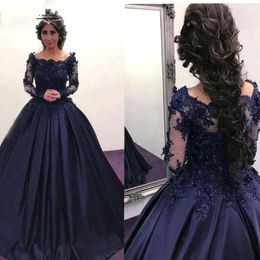 Navy Blue Muslim Prom Dresses 2019 Satijn A-lijn Lange mouwen van de Schouder Islamitische Dubai Saoedi-Arabische Lange Elegante Avondjurk