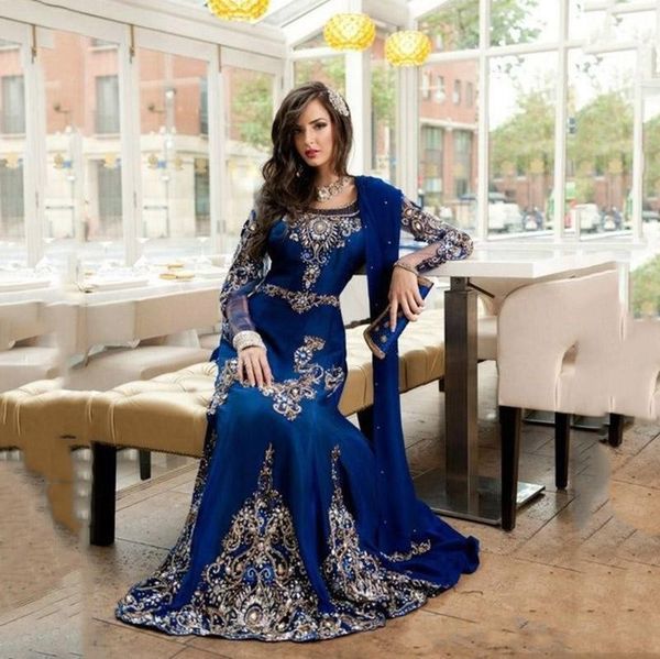 Azul marino Pakistán Batas Vestidos de noche de manga larga Apliques de encaje Sirena Vestidos de baile Cremallera Volver Vestidos de fiesta formales por encargo