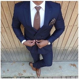 Navy Blue Peaked Revers Double Breasted Pak Terno Slim Fit Kostuum Homme Mannen Bruiloft Pakken Mode Nieuwste Jas Pant Design
