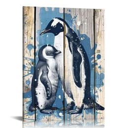 Marineblauw pinguïn canvas muurkunst vintage pinguïn familie liefde romantisch voor woonkamer slaapkamer badkamer decor klaar om op te hangen