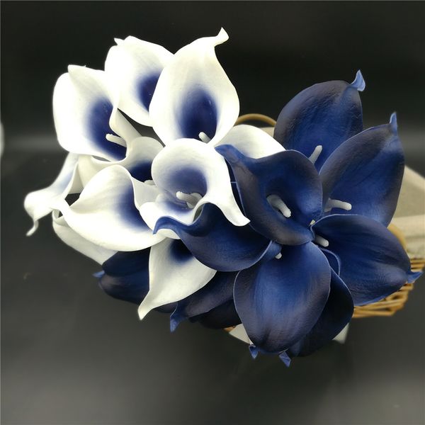 Azul marino Picasso Calla Lilies Flores de tacto real para ramos de boda Centros de mesa flores artificiales para boda C18112601
