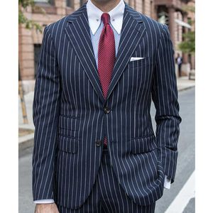 Bleu marine à fines rayures hommes d'affaires costumes pour mariage 2 pièces formel marié smoking mâle mode vêtements ensemble veste avec pantalon X0909