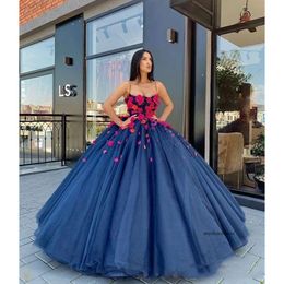 Azul marino blue tal talla plus arabia quinceanera vestidos de espagueti tiras 3d apliques florales vestidos de noche formales dulces 16 vestidos 0430