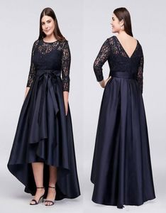 Marineblauwe plus size hoge lage formele jurken met halve mouwen pure juweel nek kanten avondjurken aline goedkope korte prom jurk1347080