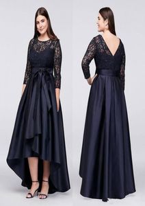 Marineblauwe plus size hoge lage formele jurken met halve mouwen pure juwelen nek kanten avondjurken aline goedkope korte prom jurk 9725260