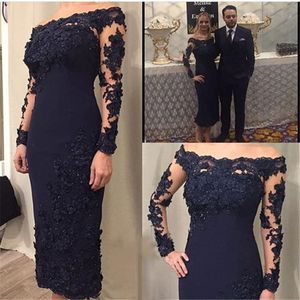 Marineblauwe plus size moeder van de bruid jurken schede lange mouwen prom robe appliques kralen thee lengte bruidegom moeder jurken avond 353Z