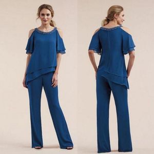 Navy Blue Plus Size Moeder van de Bruid Broek Pak Chiffon 2 Stks Pakken Bruiloft Gastenjurken Korte Mouwen Formele Avond Feestjurk