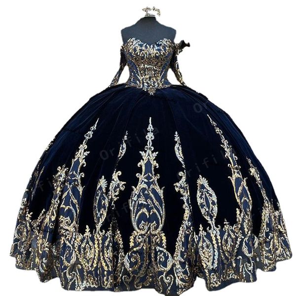 Vestido de fiesta de quinceañera de princesa azul marino con apliques de lentejuelas y encaje mexicano