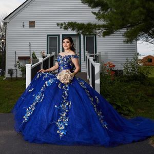 Robe De princesse Quinceanera bleu marine, avec des cristaux De luxe, avec des Appliques De fleurs 3d, robe Corset pour 16 ans, 2024