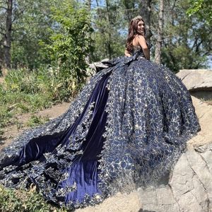 Robe princesse Quinceanera bleu marine, avec nœud, épaules dénudées, robe de bal, paillettes appliquées, cristaux, perles, douce 15ème robe