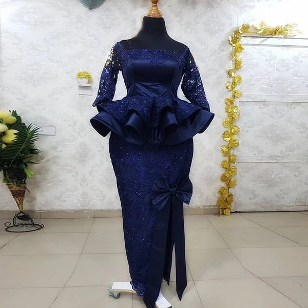 Bleu marine robe de bal sirène 2022 manches longues robe de soirée￩e mariage Aso Ebi robes de soirée taille personnalisée