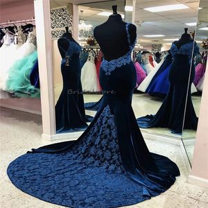 Robes de bal bleu marine pour filles noires robe de soirée en velours sirène bretelles spaghetti dentelle bleue dos nu robe formelle élégante robes de soirée de cérémonie Vestios Fiesta