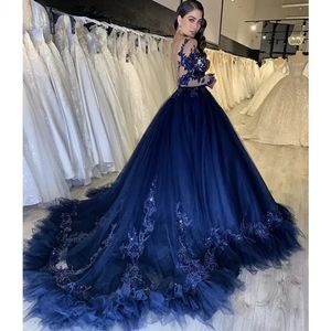 Navy Blue Prom Dresses vintage pure pure mouwen a-line tule kant applique crystal avondjurken formele vestidos de 2023