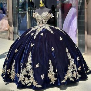 Marineblauw Quinceanera Jurk Off Schouder Gouden Applicaties Bloemen Strik Party Prinses Sweet 16 Baljurk Vestidos De 15 Anos