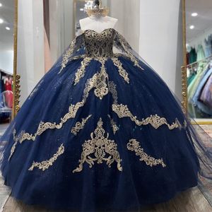 Marineblauwe quinceanera -jurken voor 16 meisje van de schoudergouden appliques kralen kralen prinses baljurken verjaardag prom vestidos de xv 15 anos
