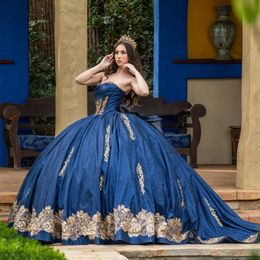 Robes de quinceanera bleu marine paillettes appliques en or en dentelle corset de lacet proman sweet 15 robes sweeter le train vestidos 15 de