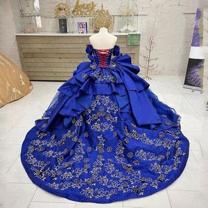 Marineblauw quinceanera jurken lieverd prinses van de schouder 3d bloemen baljurk verjaardag jurk veter kralen zoet 16 jurken