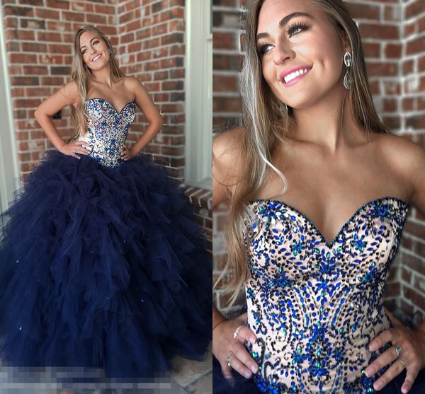 Bleu marine Volants Nude Top Quinceanera Robes De Bal 2019 Perles Cristal Sans Bretelles Corset Retour Robe De Robe Pour Sweet 16 Filles Pageant