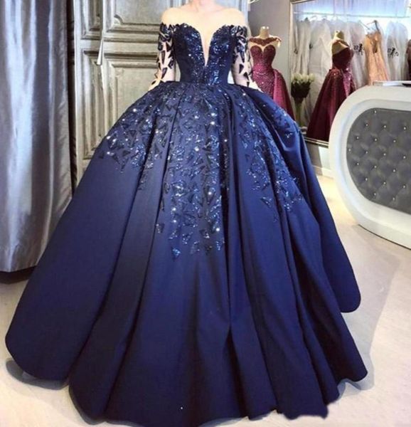 Navy Blue Satin Ball Quinceanera Prom Robe Sheer Sleeves Long Sparkly Sequins Puffly Plus Taille Formel Evenant Pageant Sweet 16 PA9643226