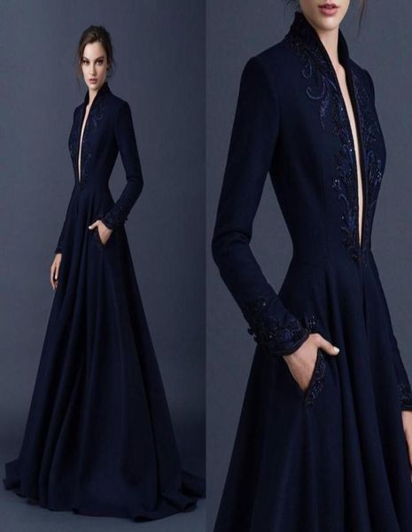 Robes de soirée en satin bleu marine broderie Paolo Sebastian Robes de fête de perle sur mesure porte la robe de bal Pluging V Neck 3684293