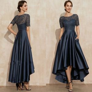 Marineblauw satijnen prom jurken o-hals kanten korte mouw asymmetrische sexy avondjurk vestidos de fiesta robe soiree 2022 2604