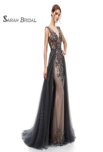 Marineblauw sexy strand luxe gala trouwjurken boho diepe V-hals backless schede bruidsjurk met overrok vestido de noiva 5406344518