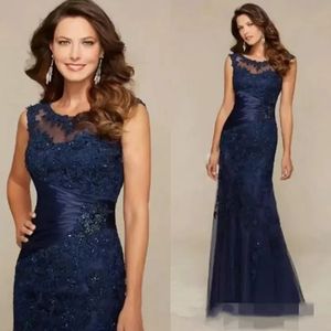 Vestidos elegantes para madre de la novia con cuello transparente azul marino, recién llegado, vestidos largos de fiesta de sirena con encaje, vestido de noche para invitados de boda