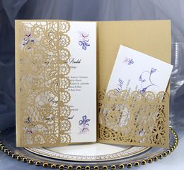 Invitación de boda con láser de oro de lujo con tarjetas de invitaciones de despedida de soltera de encaje elegante de encaje elegante invitaciones para la fiesta de aniversario