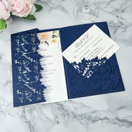 Navy Blue Shimmer Wedding Invitations Kits Customized Print Laser Cut Pocket Invitation Cards with RSVP for Anniversary Quinceanera Invites