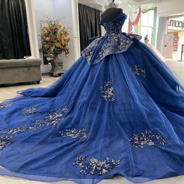 Bleu marine brillant robe De bal Quinceanera robes hors Shuolder Appliques dentelle perles luxe doux 16 robe robes De Xv 15 Anos