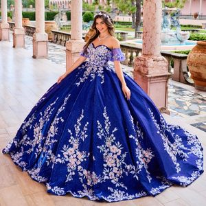 Marineblauw Glanzend Kant Applicaties Kralen Quinceanera Jurk Baljurk Kwastje vestidos de 15 quinceanera cocktailjurken vestidos de baile