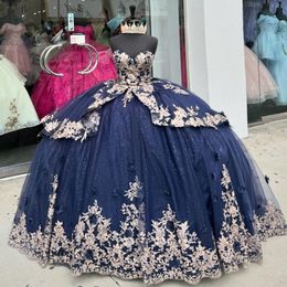 Bleu marine brillant princesse Appliques dentelle perles Quinceanera robe pour 16 balayage Train épaules nues fleurs Corset vestidos 15 De