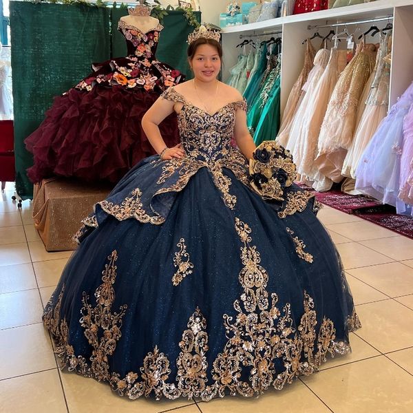 Bleu marine brillant Quinceanera robes perlées Appliques dentelle perles robe de bal princesse douce 16 ans fille vestidos de 15 anos xv