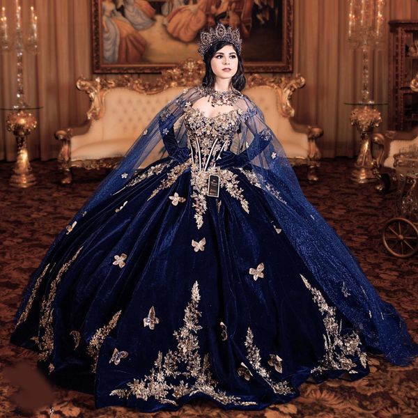 Bleu marine brillant Quinceanera robes perles or Applique dentelle arc avec Cape doux 16 fête d'anniversaire robes de bal vestidos de 15