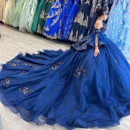 Bleu marine brillant Quinceanera robes hors épaule robe de bal doux 16 robe perles Appliques dentelle paillettes robes de fête d'anniversaire