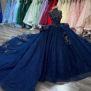 Marineblauw glanzend sexy uit de schouder kralen applicaties kant baljurk quinceanera jurken vestidos de 15 anos