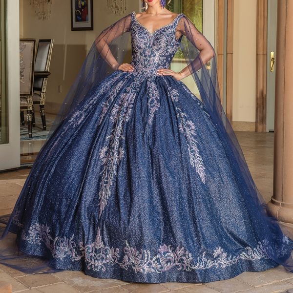 Vestido De fiesta azul marino brillante con cuello en V, vestido para quinceañeras, apliques De encaje y cuentas con capa, 15 Vestidos De cóctel para quinceañeras, 2024