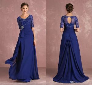 Marineblauwe mouw moeder van de bruid jurken v nek vintage kanten vloer lengte formele avond feestje slijtage