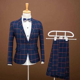 Navy Blue Slim Fit Plaid Pak Mannen Notch Revers Business Formele Jurk Pakken Voor Mannen Mode Terno Masculino Su X0909