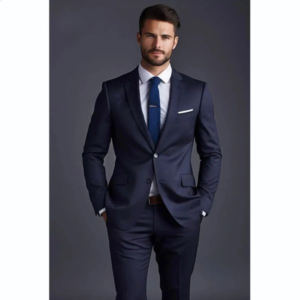 Navy Blue Solid Men Suit Fashion Notch Bapier Single Breasted 2 Pieces Patte-Bas