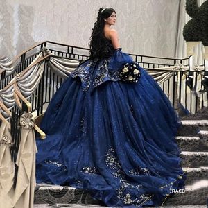 Bleu marine bretelles volants robe De bal Quinceanera robe Appliques dentelle perles tulle Corset doux 15 robes De XV Anos