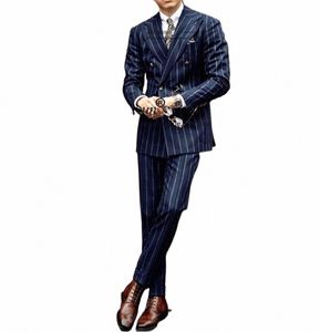 Trajes de hombre de tira azul marino con doble botonadura Busin Blazers para hombre Slim Fit Groom Tuxedos 2 piezas Conjuntos Terno Masculinos Completo u0OJ #