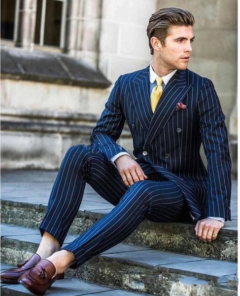 Bleu marine Stripe Groom Tuxedos Double boutonnage Hommes Tuxedos De Mariage Peak Revers Veste Blazer Mode Hommes Dîner / Costume Darty (Veste + Pantalon + Cravate) 6