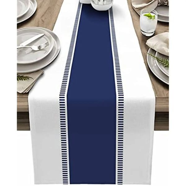 Chemin de Table en lin à rayures bleu marine, foulards de commode, décor de ferme lavable pour salle à manger, décoration de mariage 240127