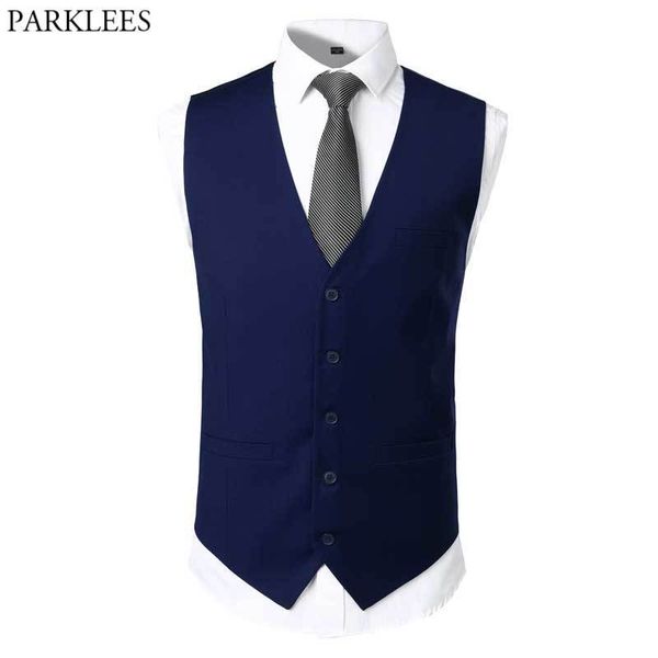 Bleu marine costume gilet hommes Slim Fit 2 pièces sans manches hommes gilets vraie poche formelle affaires robe de mariée gilets avec cravate 210522