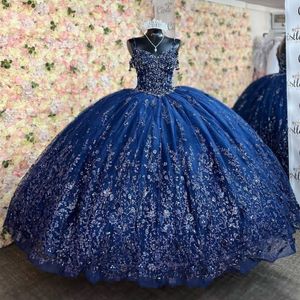 Bleu marine doux 16 princesse chérie Quinceanera robe Applique dentelle cristal perles robe De bal Corset robes De 15 Anos